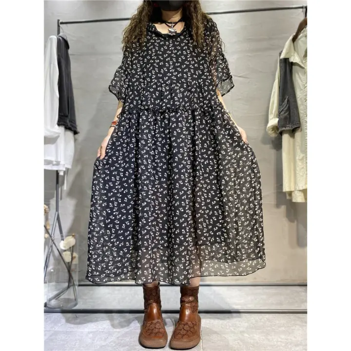 Vestido japonés de gasa de talla grande para mujer, diseño Floral de verano, sombrero de manga corta único y pequeño para ir al trabajo - 1