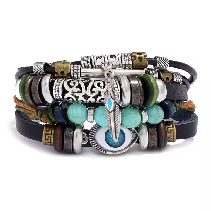 Pulsera de cuero ajustable 2025 occidental multicapa cuentas ojos azules, joyería de moda, regalos para hombre - 1