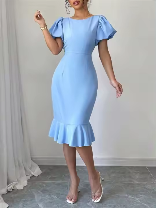 Para las mujeres vestido negro de verano nueva moda elegante Casual cuello redondo manga linterna volantes Oficina Sexy ropa de mujer vestidos - 1