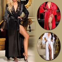 Albornoz Sexy de encaje con cuello en V para mujer, camisón con cinturón, pijamas de manga larga en negro, blanco y rojo, batas, lencería, camisones para dormir - details 7