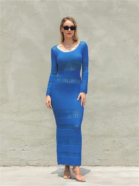 Vestido de Lentejuelas sin Espalda de Verano Estilo Playa Cuello Largo, Manga Larga, Vestido de Envoltura Hueco para Mujeres - 1