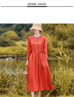 Elegante Vestido Rojo Vintage de Algodón Lino Moda Casual Suelta para Mujeres en Primavera Otoño - details 1