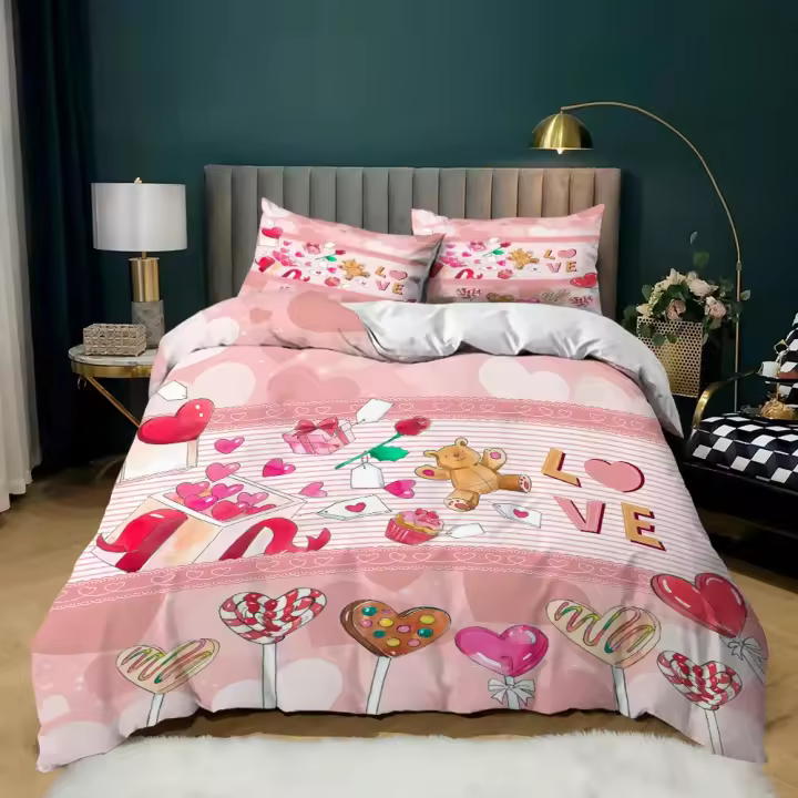 Juego de Ropa de Cama 3D de Rosa de San Valentín Funda de Edredón Cubierta de Almohada para Pareja - 1