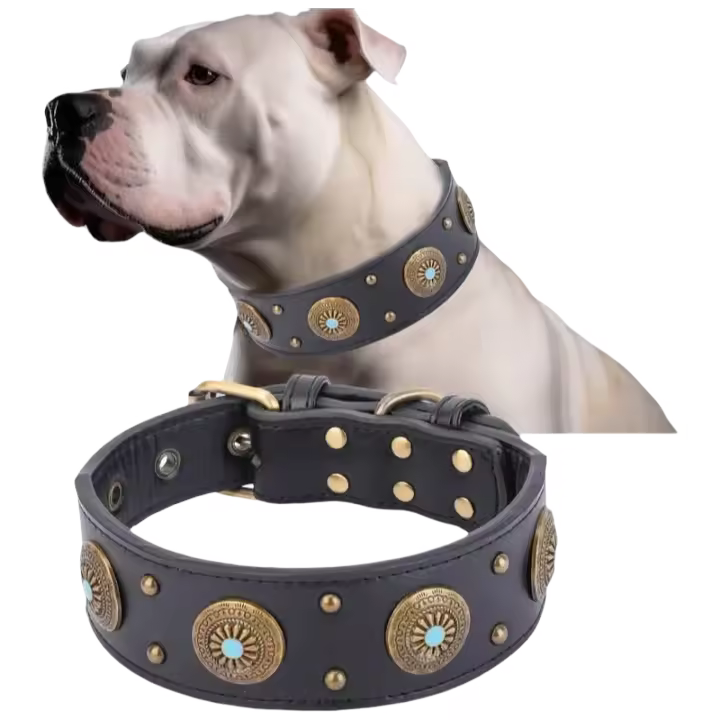CP640--1Pc perro cuero resistente, Collar de lujo hecho a mano para mascotas con hebilla ustable, uste suave y duradero. - 1