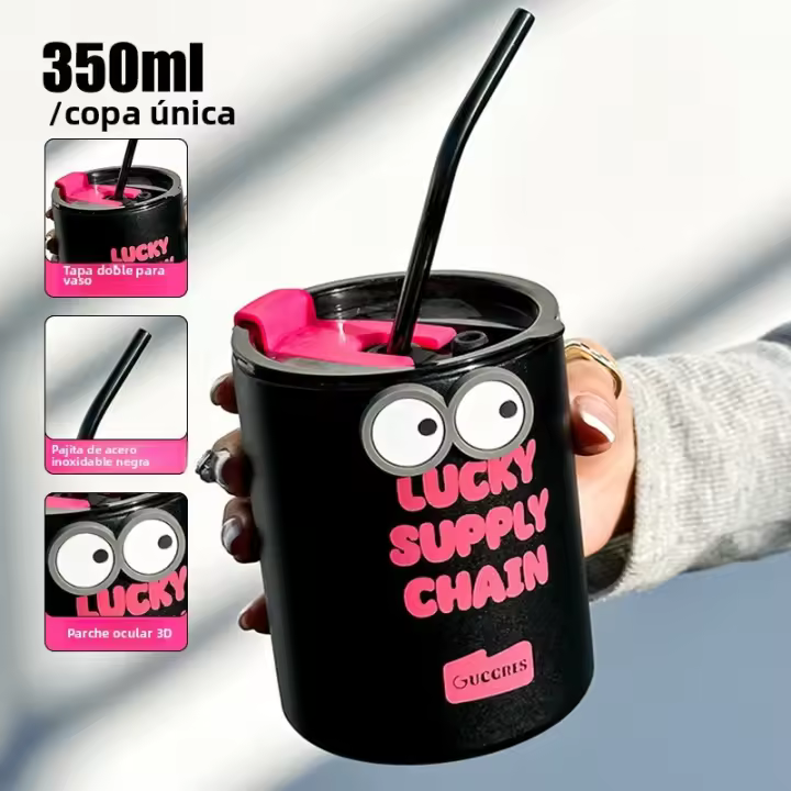 Italia 2025 Novedades Taza de café de doble pared de acero inoxidable 600ml |   Diseño Antigolpes con Ojos Adhesivos + Patrón Lucky |   Incluye Pajita Metálica/Silicona - Regalo Original para Madres, Novias en Cumpleaños/Navidad【Edición Coleccionista】 - 1