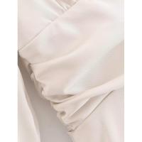 Mini vestido liso de satén de otoño para mujer, Vestidos informales de manga larga con cuello en V y cintura fruncida, Vestidos femeninos - details 5