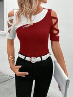 Camiseta hueca con parte superior de calle a la moda de oficina con bloques de color delgada para mujer - details 5