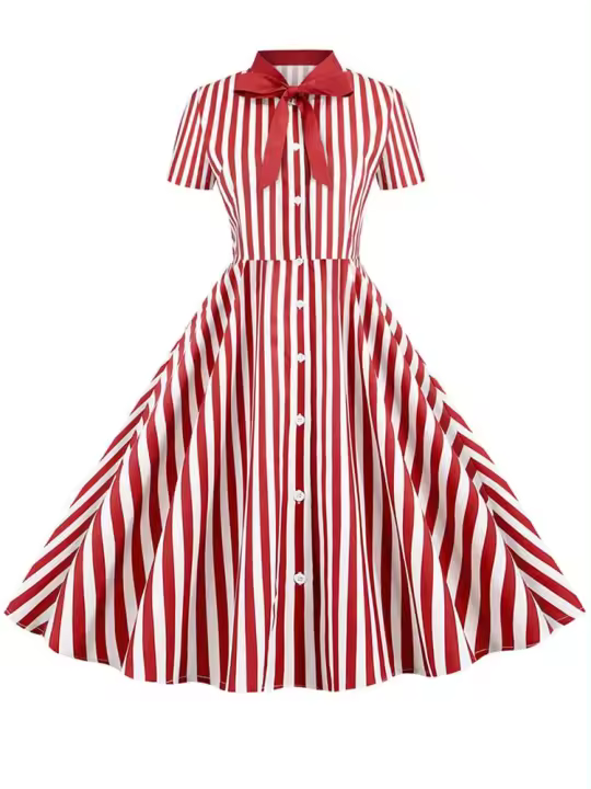 Polka dot print women summer short sleeve striped bow elegant vintage 50s party dress - 1