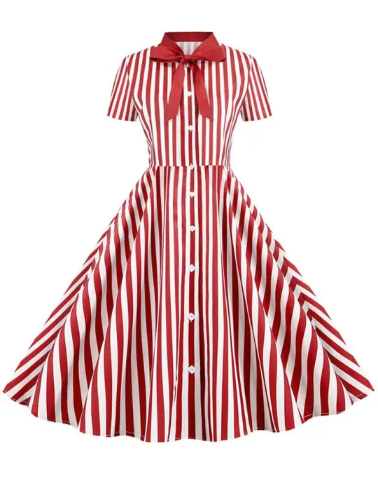 Polka dot print women summer short sleeve striped bow elegant vintage 50s party dress - 1
