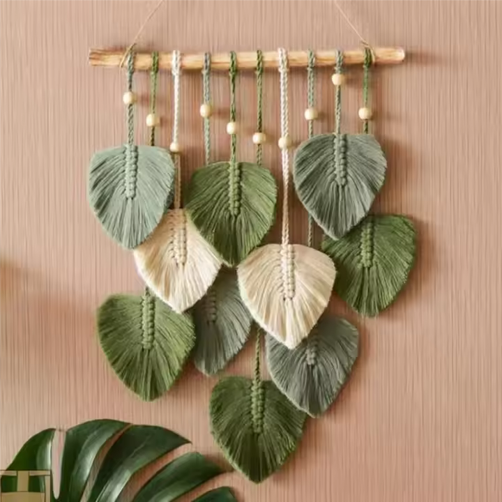Colgante de pared de macramé de hoja, tapiz de pared estético tejido para habitación Bohemia, decoración de boda para el hogar, color verde - 1