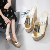 Sandalias de Verano para Mujer Altura Aumentada Plataforma Impermeable Gruesa Pendiente Talón Super 14CM Oro Lentejuelas - details 2