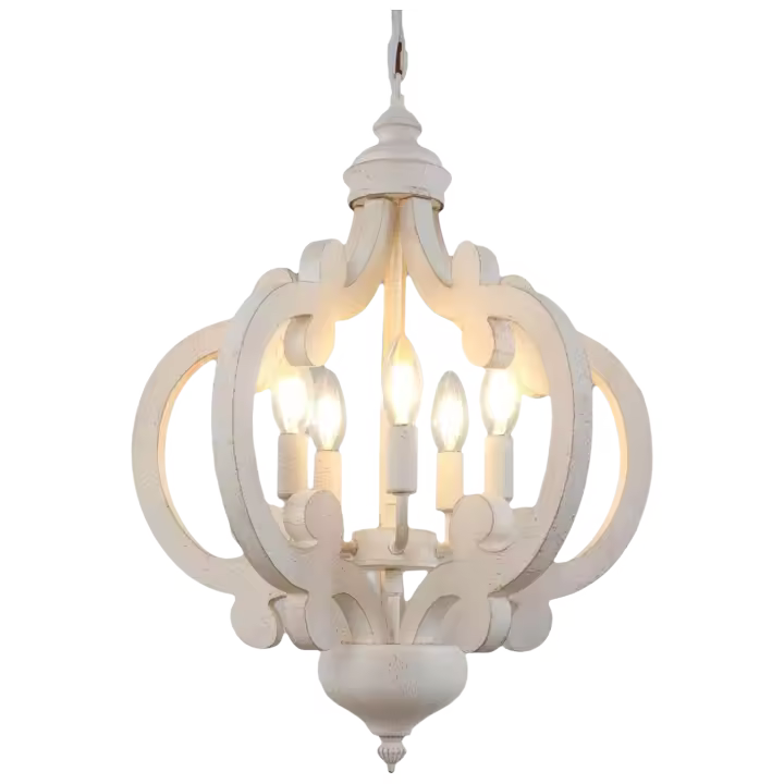 Lámpara de Techo de Madera de 5 Luces Lámpara Colgante Rústica Blanca Envejecida para Comedor, Dormitorio, Cocina - 1
