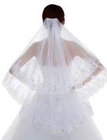 Venta al por mayor, velo de novia corto de encaje de 2 niveles para mujer con peine, borde de encaje de lentejuelas con apliques de alta calidad - details 2