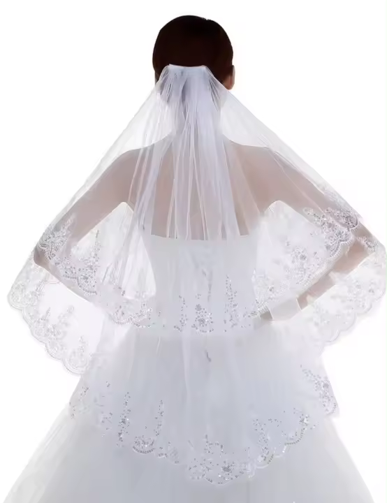 Venta al por mayor, velo de novia corto de encaje de 2 niveles para mujer con peine, borde de encaje de lentejuelas con apliques de alta calidad - 1