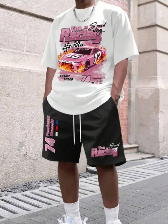 Conjunto de dos piezas de pantalones cortos de manga corta de moda con estampado de carreras de verano para hombre - 1