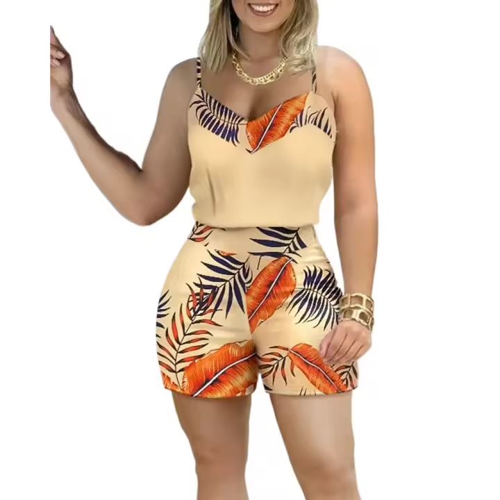 Traje de dos piezas para mujer, conjunto de pantalones cortos sin mangas con estampado floral para vacaciones de verano, ropa de descanso, pantalones cortos, trajes informales con cinturón - 1