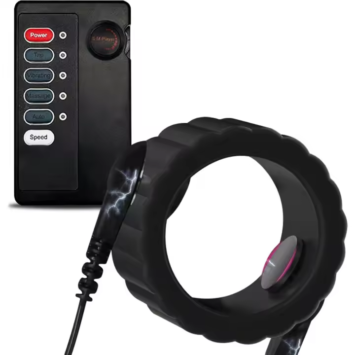 Anillo peneano con anillo para los testículos, anillo de silicona elástica para hombres, masajeador SM con unidad principal y electrodos para testículos y pene. - 1