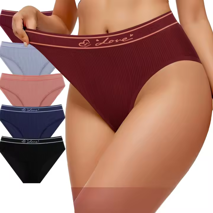 Calzoncillos estampados a rayas para mujer, paquete informal con empalme de letras en la cadera, paquete múltiple en un solo estilo, 5 uds. - 1