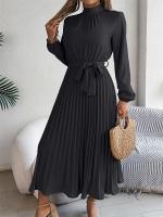 Vestido plisado elegante con cuello levantado y manga larga y cintura cerrada para mujer, vestido largo de Otoño Invierno - details 6