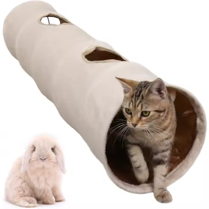 Túnel para Gatos Juguete Plegable Silencioso con 2 Agujeros para Gatitos Conejos Cachorros Beige Longitud 115 cm * Diámetro 25 cm - 1