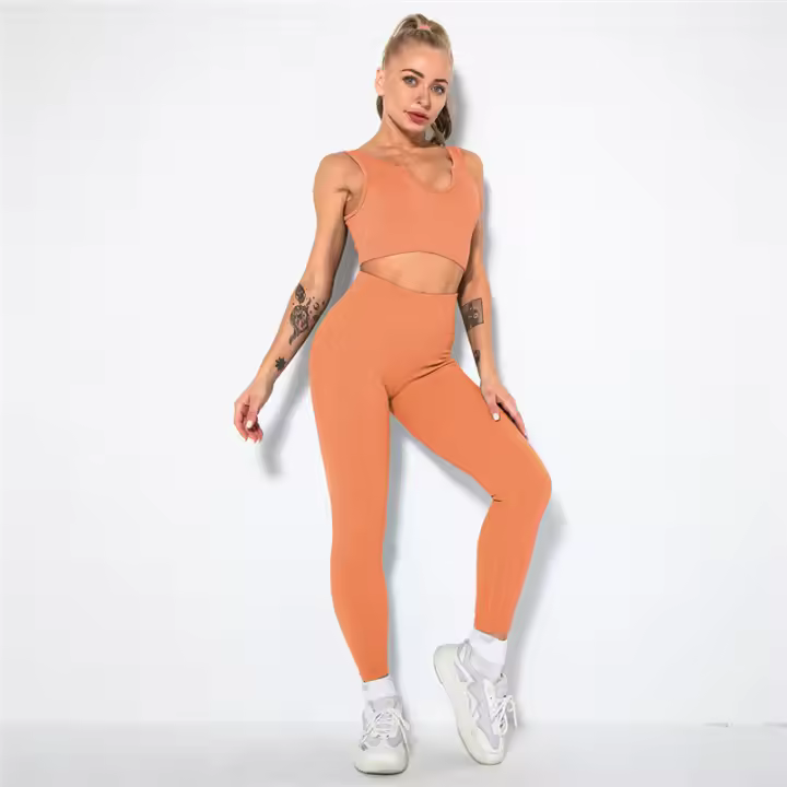 Conjunto de mallas de yoga para mujer, ropa acanalada, sujetador deportivo sin costuras, ropa de gimnasio de cintura alta para Fiess - 1