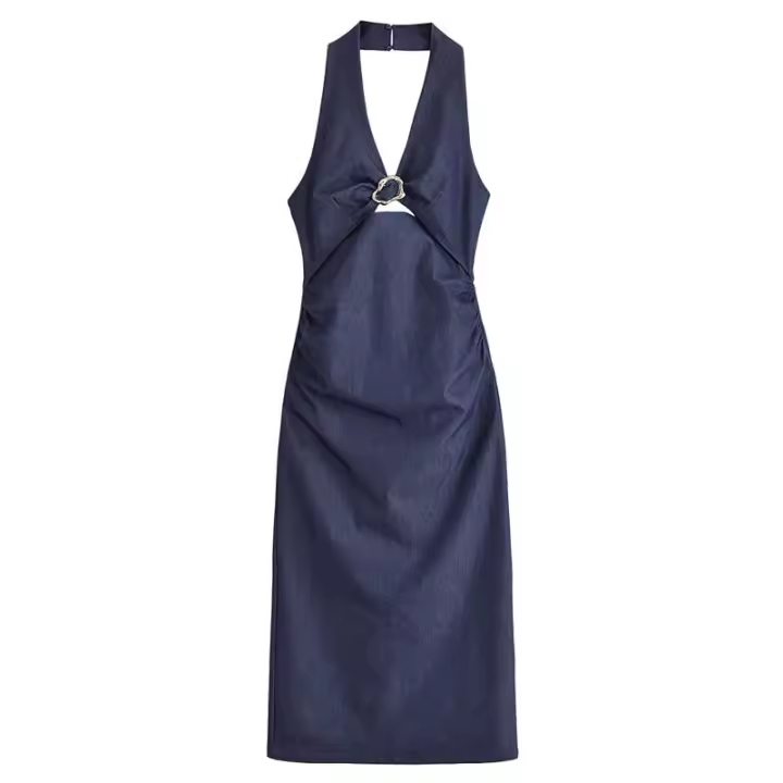 ZOCI- 2025 Mujer moda diseño abierto cuello colgante vestido Casual ajustado por debajo de la rodilla Vestidos largos Mujer - 1