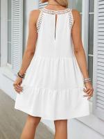 Minifalda de playa de verano para mujer, vestido bohemio blanco Ence Calado, cuello camisola sin mangas, vestido plisado liso vintage - details 2