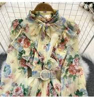 Elegante vestido midi de manga larga con corte en A y falda plisada, cintura ceñida, dobladillo de gasa, estampado floral coreano Sle Commute - details 31
