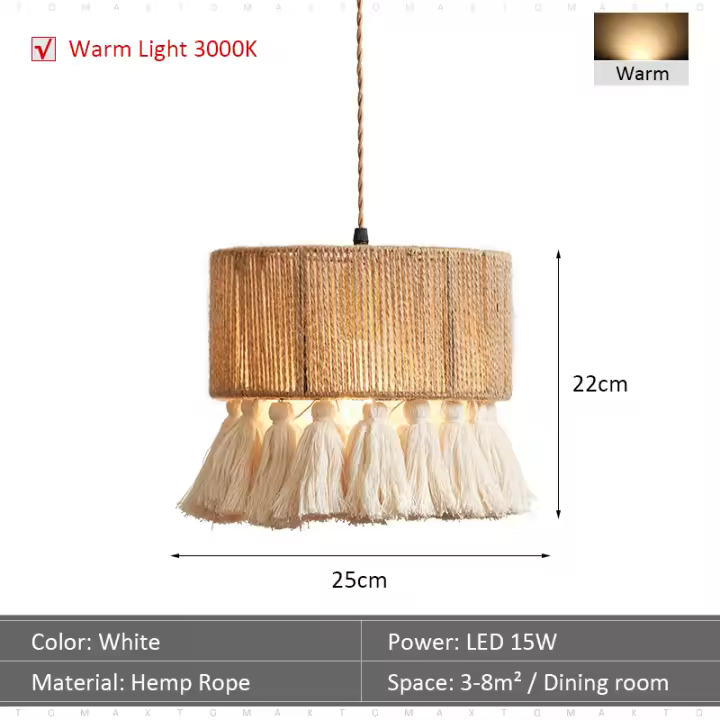 Lámpara Colgante TOMAXIN de 10 Pulgadas Estilo Bohemio Retro con Cuerda de Hierba Tassel para Dormitorio Restaurante Bar y Lámpara de Isla Fuente de Luz Energética Ahorradora Instalación Tipo de Cordón Color Blanco Cálido - 1