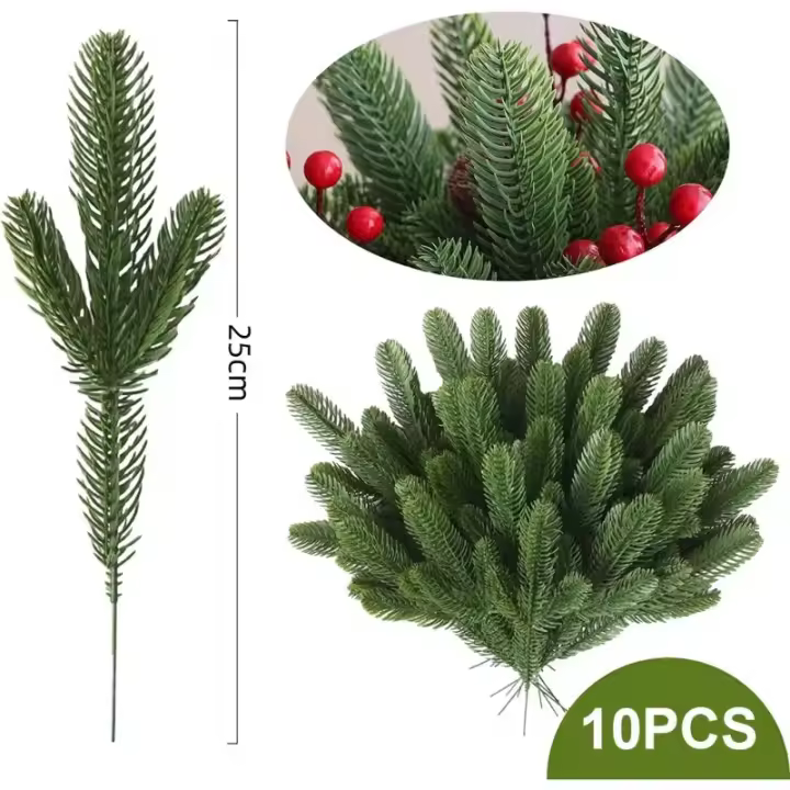 10 ramas de pino artificiales con bayas rojas para decoración navideña. - 1