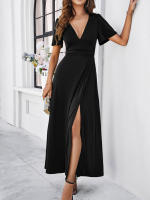 Dama profundaVVestido de noche de fiesta plisado de cintura alta con cuello de manga corta vestido de cóctel - details 10
