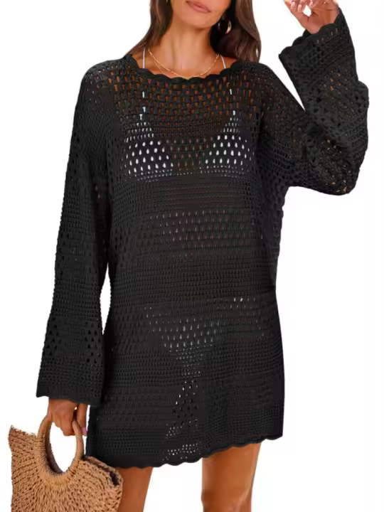 Blusa de punto con cuello redondo, chal de vacaciones, falda de playa de manga larga hueca 2025, protector solar de perspectiva - 1