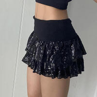 BUNO-falda escalonada de lentejuelas para mujer, falda acampanada de estilo gótico negro Y2K, ropa para discoteca, minifalda elegante Vintage para fiesta de verano - details 5