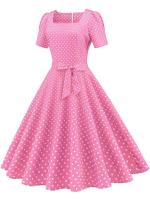 Vestido midi elegante informal para mujer con lunares, cuello Peter Pan, cintura alta y corte en A - details 18