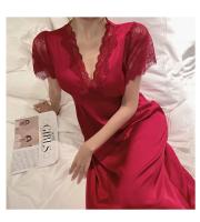Ropa de dormir Sexy de encaje de seda helada para mujer, camisón de boda rojo de manga corta con cuello en V y almohadilla para el pecho, chino anual de verano - details 9