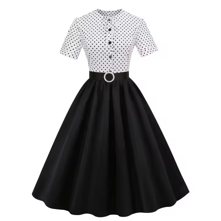 Cinturón elegante estilo vintage con lunares blancos y negros. - 1