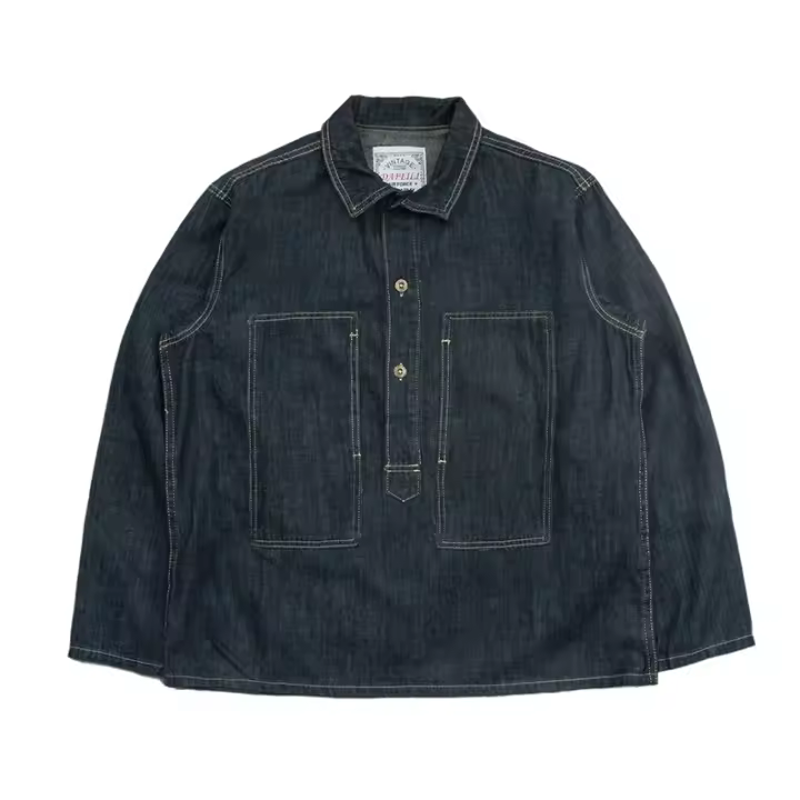 1920s Vintage Ejército de EE. UU. Primavera Verano Azul Denim Uniformes de Trabajo Jersey Suelto Camisa Chaqueta - 1