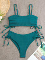 Bikini negro liso para mujer, traje de baño de dos piezas con Tanga de cintura alta y ribetes, 2024 - details 2