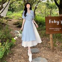 Diseño sentido falso dos piezas de temperamento artístico vestido camisero con cuello en V falda larga de cintura suave francesa de verano para mujer - details 12