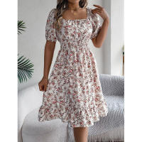 Primavera Verano 2025 Europeo y Americano Floral Cuello Cuadrado Manga Corta Cintura con Volantes Falda Línea A - details 3