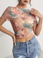 Nueva camiseta de manga corta elegante con estampado de malla, camisetas de manga corta con ribete de oreja de madera para mujeres - details 13