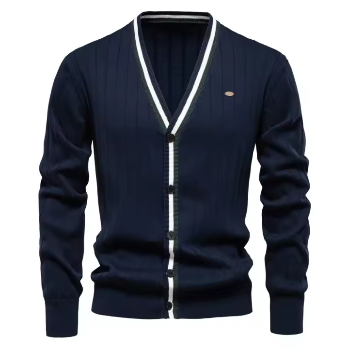 cárdigan de algodón para hombre, suéter con cuello en V y botones, suéteres casuales de punto para jóvenes para hombres - 1