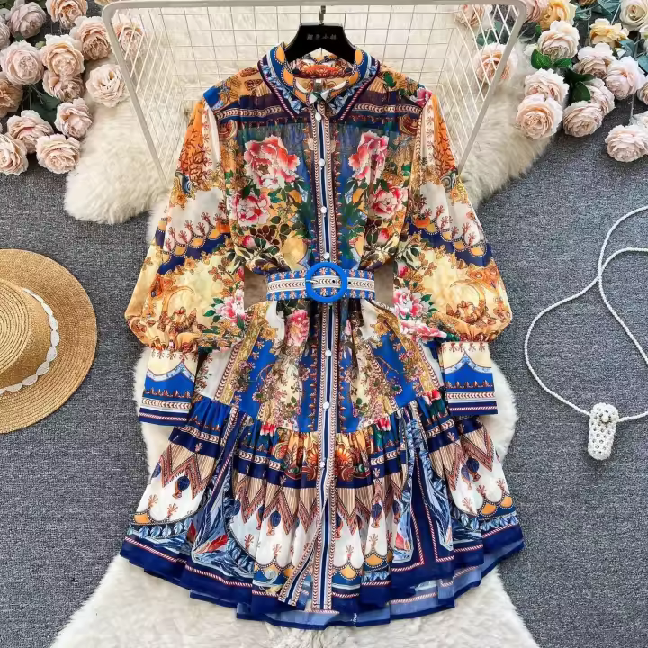 Minivestido playero de verano para mujer, Vestido holgado de gasa con mangas largas acampanadas y cinturón con estampado Vintage, con cordones, 6259 - 1