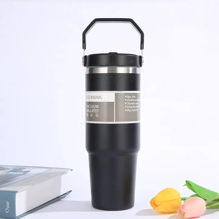 Taza portátil de acero inoxidable para coche, torre de cuero de doble pared y termo con asa, botella de agua deportiva - 1