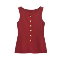 TRZA-Chaleco de punto para mujer con botones dorados, suéter sin mangas, cuello redondo, tops elegantes, chaleco de mujer, moda - details 3