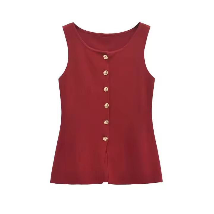 TRZA-Chaleco de punto para mujer con botones dorados, suéter sin mangas, cuello redondo, tops elegantes, chaleco de mujer, moda - 1