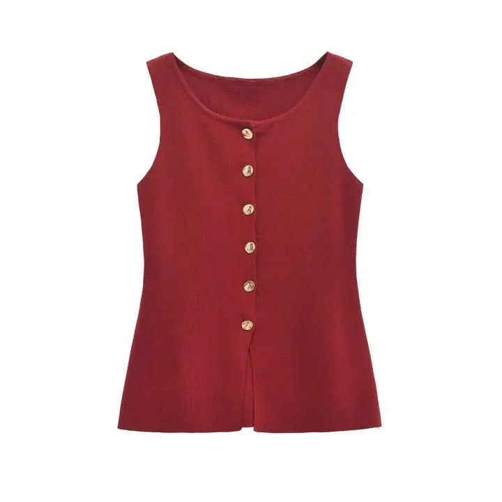 TRZA-Chaleco de punto para mujer con botones dorados, suéter sin mangas, cuello redondo, tops elegantes, chaleco de mujer, moda - 1