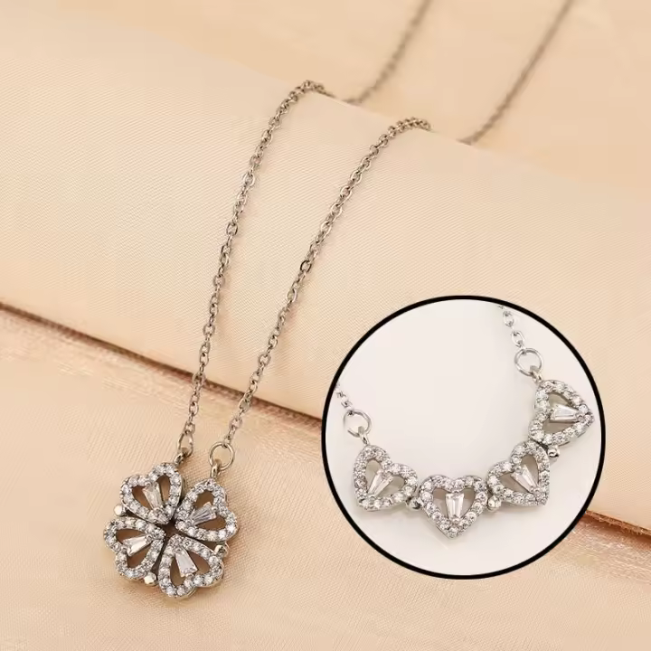 Collar muy vendido, colgante de circonita con microincrustaciones de trébol de cuatro hojas con corazón de amor, collar magnético versátil en forma de corazón para niñas - 1