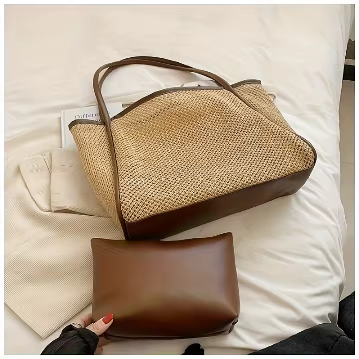 Bolso de Hombro de Paja de Gran Capacidad Textura Tejida Natural Adorno de Bloque de Color - 1