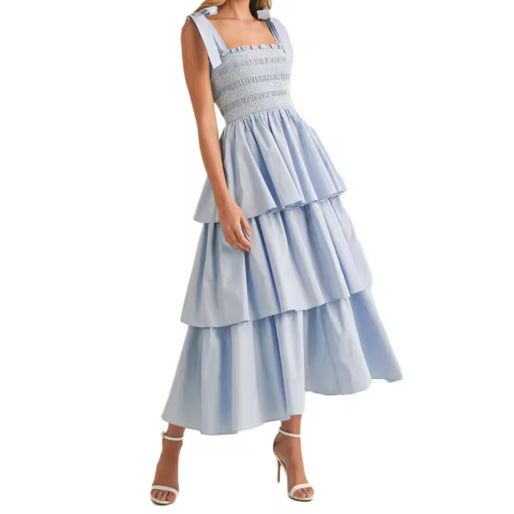 Nueva moda para mujer, vestido con hombros descubiertos, vestido de verano sin mangas con busto ahumado, vestido con volantes escalonados, vestido largo y fluido S M L - 1